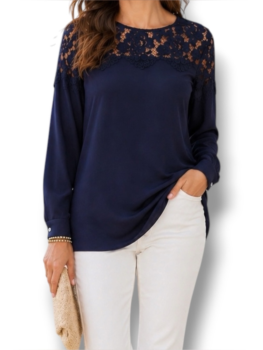 Lulus Picture This Navy Floral Lace Neck Long Sleeve Blouse Top M NWT